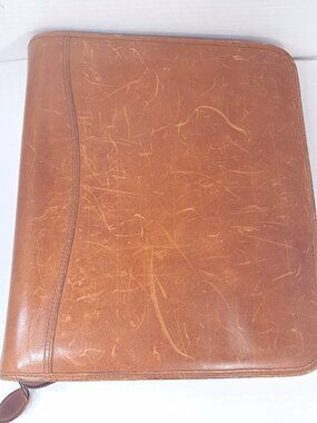 Day Timer Planner Brown camel tan Genuine Leather Organizer Binder Zip 7 Rings